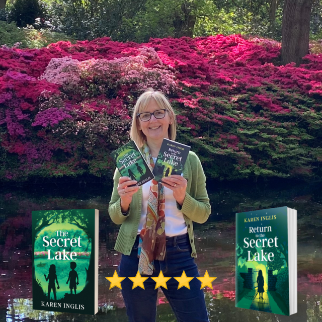 Karen Inglis holding The Secret Lake and Return to the Secret Lake at Still Pond, with crimson pink azaleas in the background